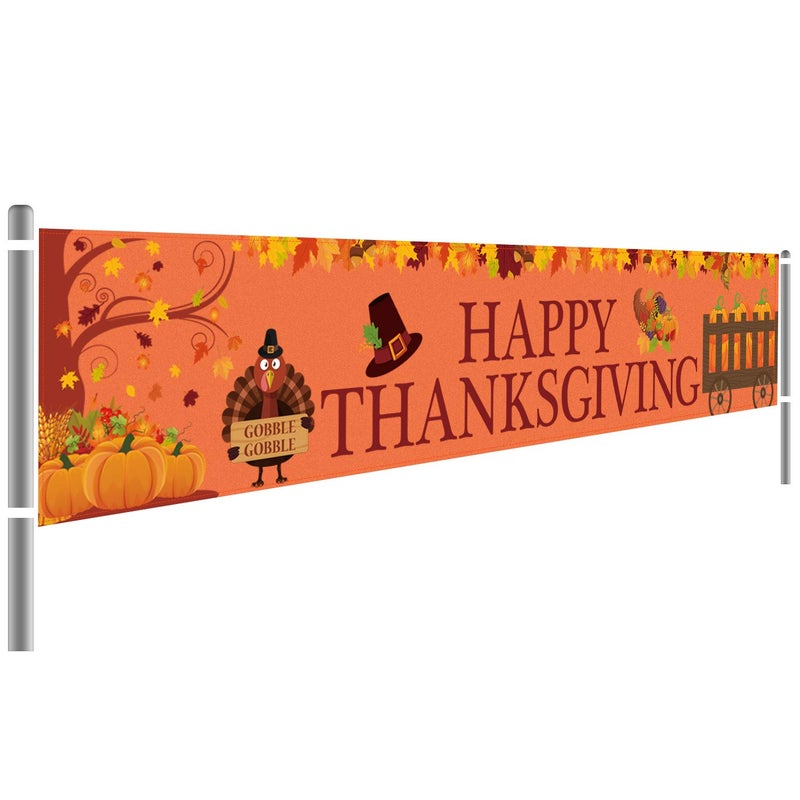 Partyprops Large Happy Thanksgiving Banner  Thanksgiving Decorations  Fall Banner  Thanksgiving Turkey Maple Leaves Pumpkin Banner  Thanksgiving Party Outdoor & Indoor Decor Supplies (8.2 x 1.5 FT) - Image 1